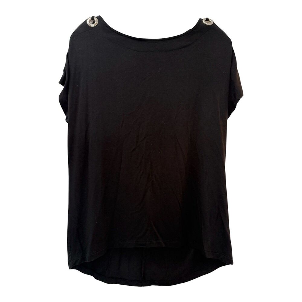 Cable & Gauge Top Medium Black Cold Shoulder Grommet Stretch Short Sleeve NWT